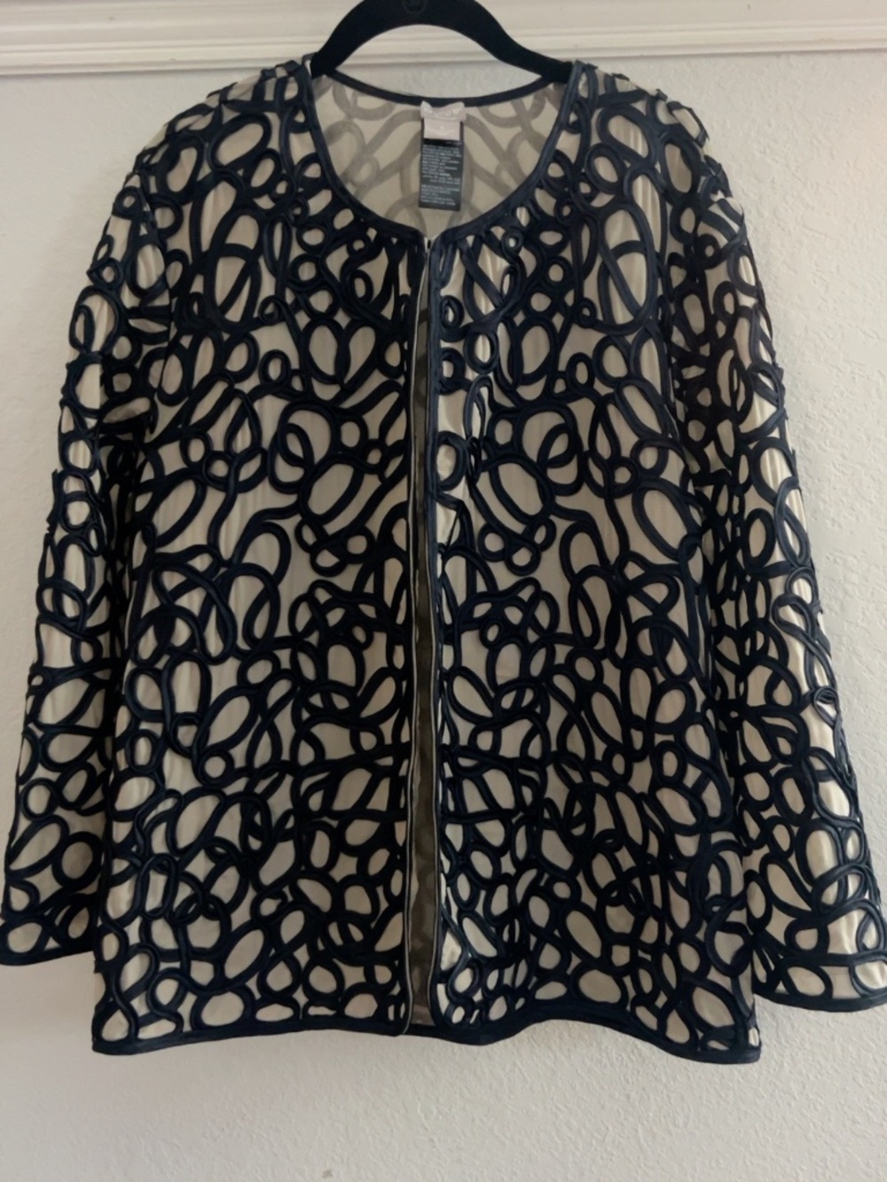 Chico’s Travelers Navy Blue Soutache Mesh Jacket Size 3 16 18